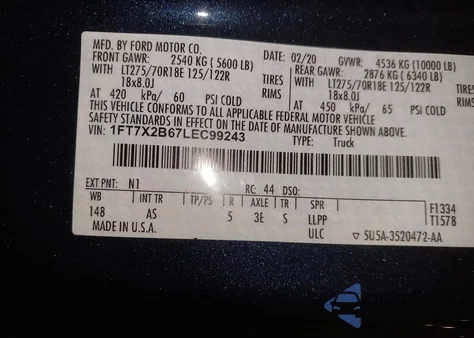 2020 Ford F-250 Xl from USA, damaged, VIN 1FT7X2B67LEC99243